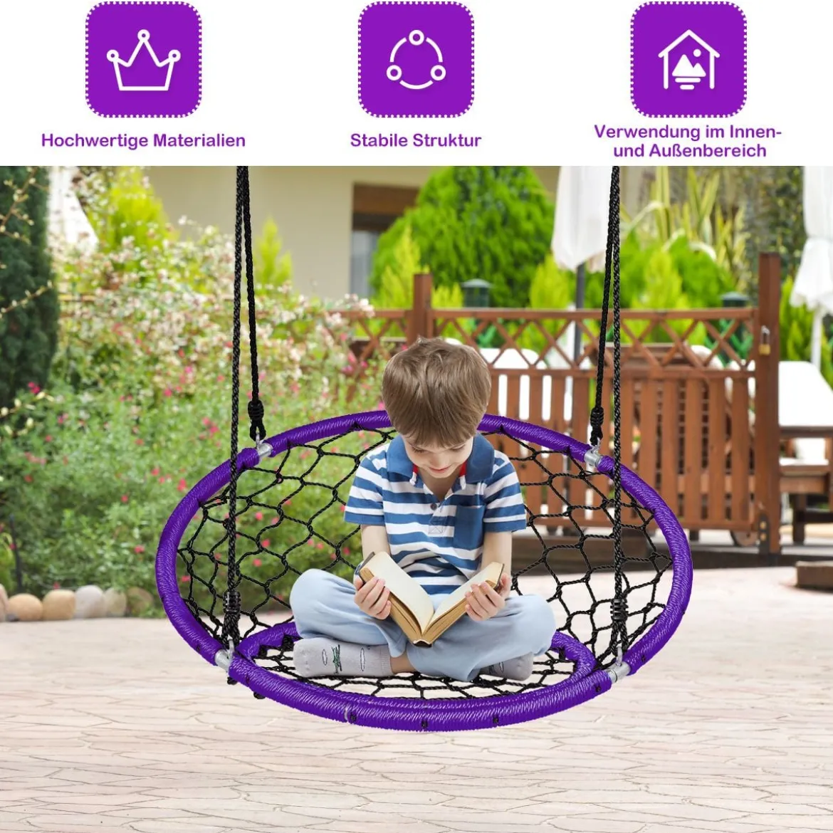 Ø89 cm Netz-Schaukel Baumschaukel-Set mit 100-160cm Seil verstellbar Lila