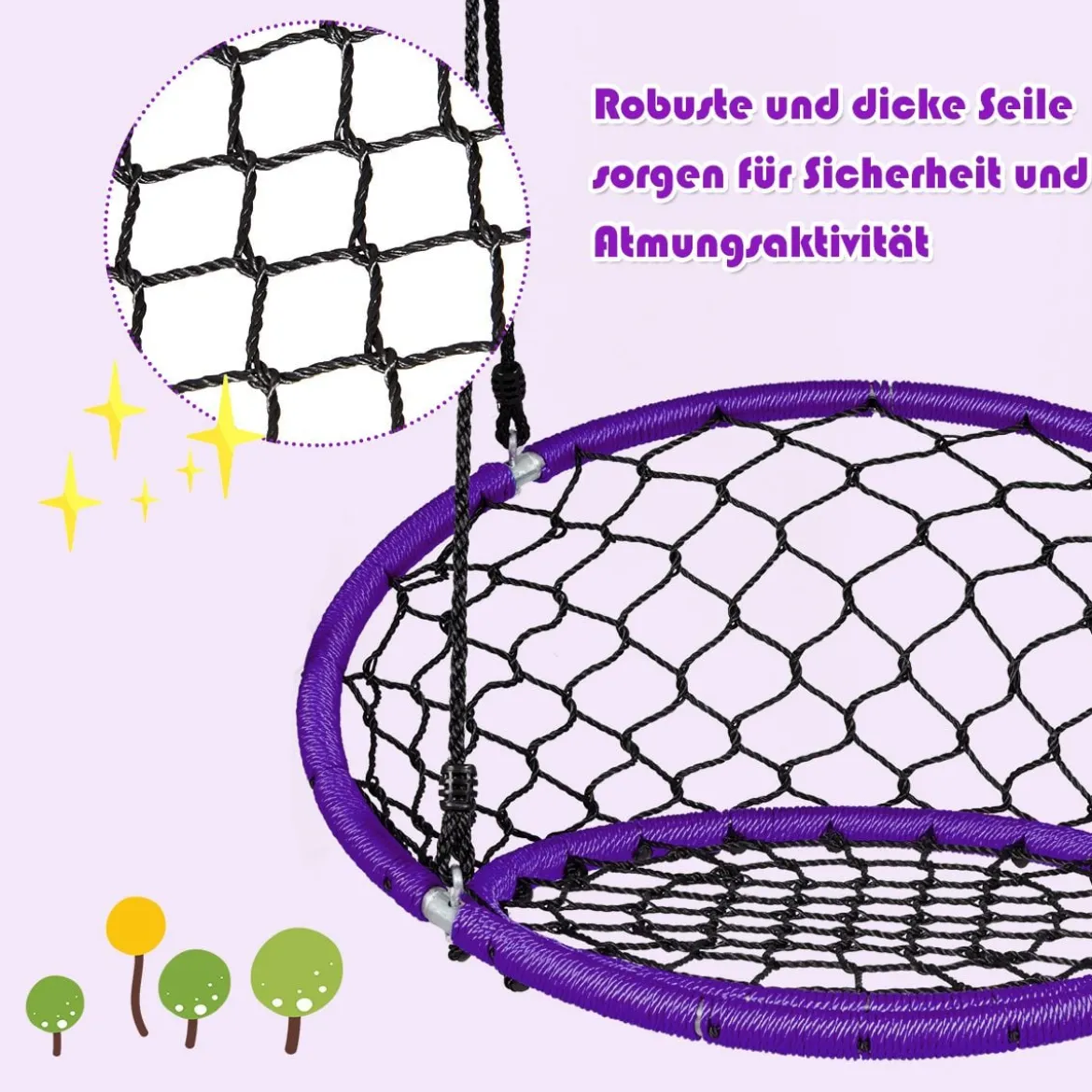 Ø89 cm Netz-Schaukel Baumschaukel-Set mit 100-160cm Seil verstellbar Lila