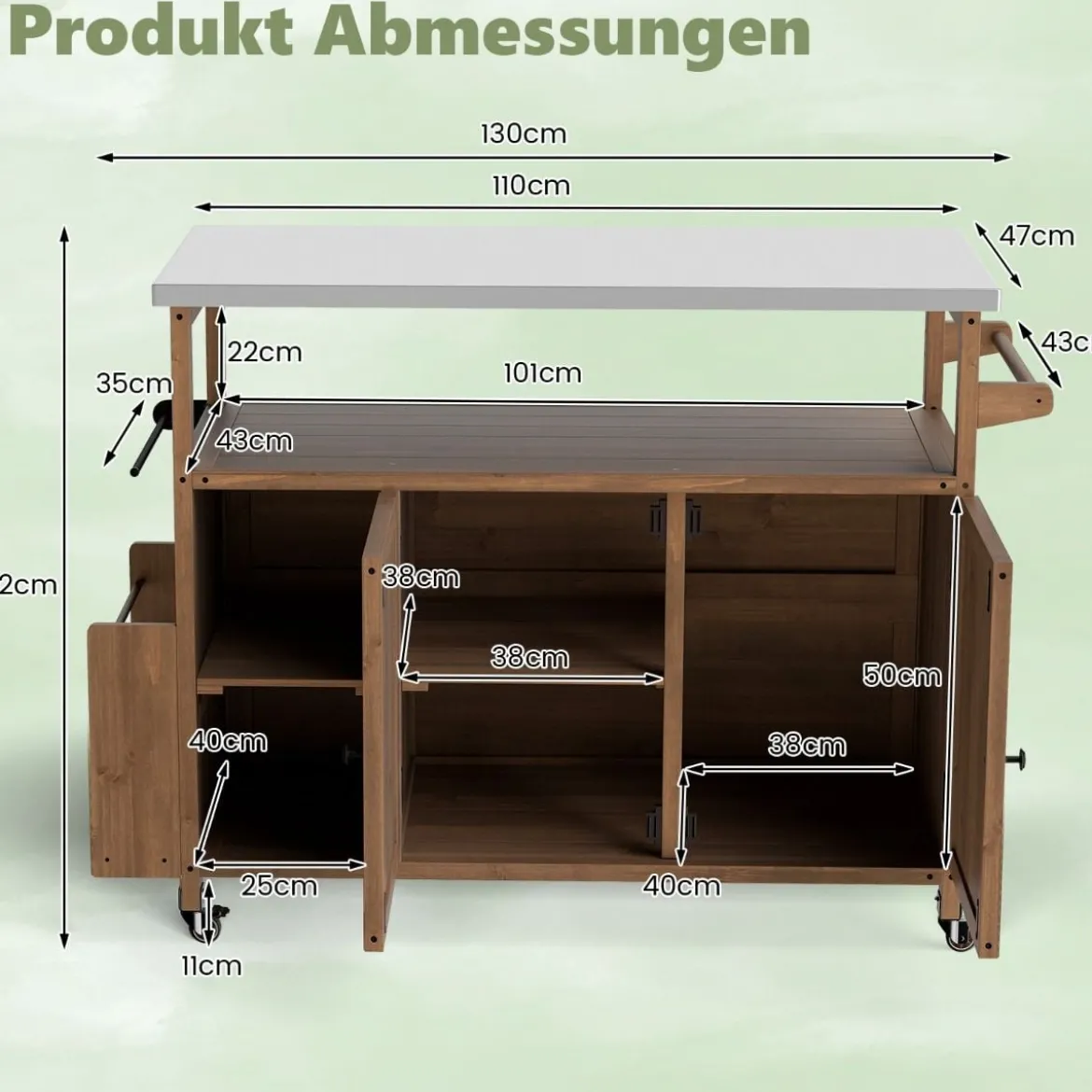 130 cm Outdoor Grillwagen mit Edelstahl-Arbeitsplatte Kücheninsel mit abschließbaren Rollen Küchenwagen Natur