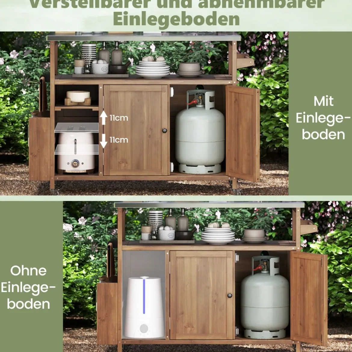 130 cm Outdoor Grillwagen mit Edelstahl-Arbeitsplatte Kücheninsel mit abschließbaren Rollen Küchenwagen Natur