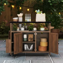 130 cm Outdoor Grillwagen mit Edelstahl-Arbeitsplatte Kücheninsel mit abschließbaren Rollen Küchenwagen Natur
