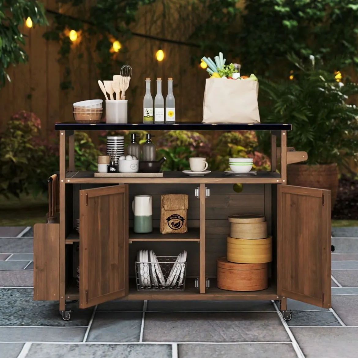 130 cm Outdoor Grillwagen mit Edelstahl-Arbeitsplatte Kücheninsel mit abschließbaren Rollen Küchenwagen Natur