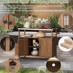 130 cm Outdoor Grillwagen mit Edelstahl-Arbeitsplatte Kücheninsel mit abschließbaren Rollen Küchenwagen Natur