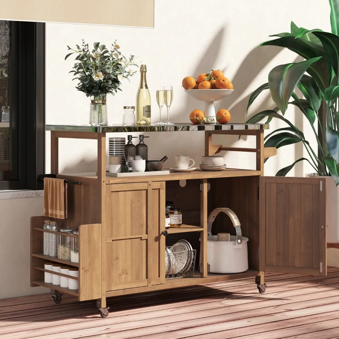 130 cm Outdoor Grillwagen mit Edelstahl-Arbeitsplatte Kücheninsel mit abschließbaren Rollen Küchenwagen Natur