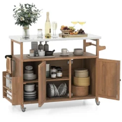 130 cm Outdoor Grillwagen mit Edelstahl-Arbeitsplatte Kücheninsel mit abschließbaren Rollen Küchenwagen Natur