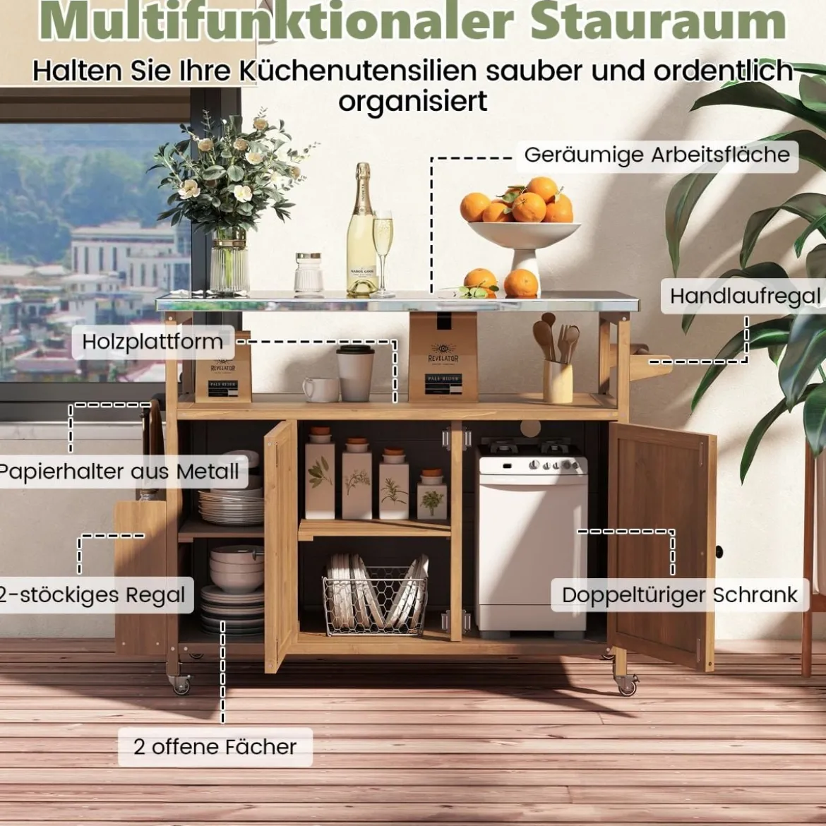 130 cm Outdoor Grillwagen mit Edelstahl-Arbeitsplatte Kücheninsel mit abschließbaren Rollen Küchenwagen Natur
