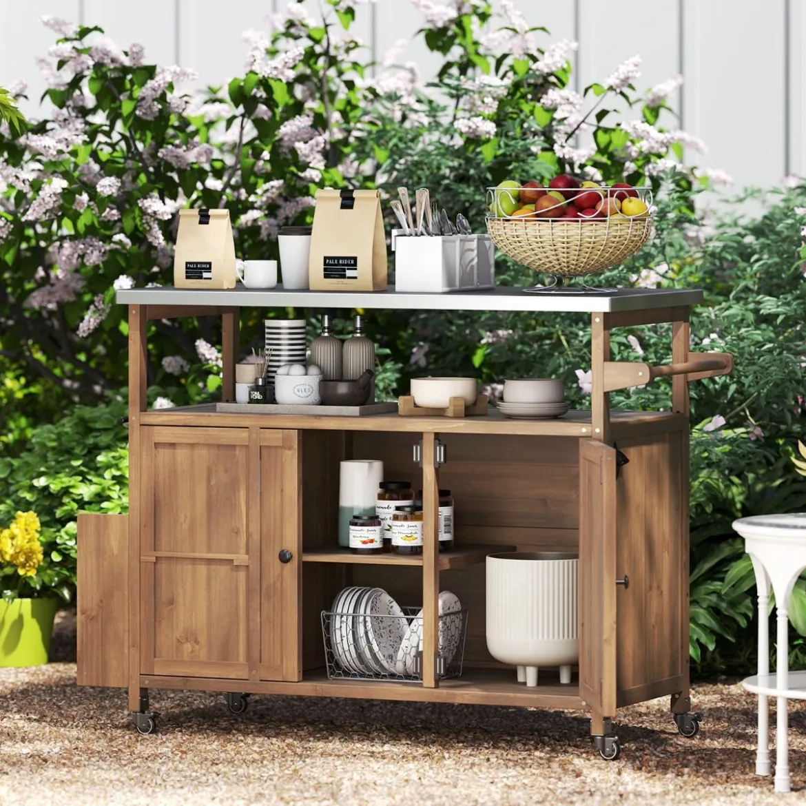 130 cm Outdoor Grillwagen mit Edelstahl-Arbeitsplatte Kücheninsel mit abschließbaren Rollen Küchenwagen Natur