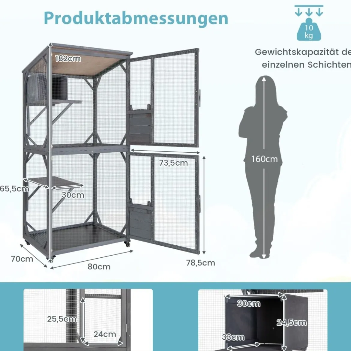 182 cm Outdoor Winterfestes Katzenhaus mit Wetterfestem Asphaltdach & Eingangstür Katzengehege