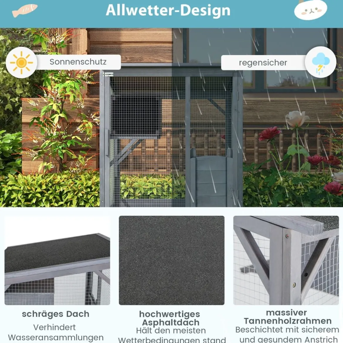 182 cm Outdoor Winterfestes Katzenhaus mit Wetterfestem Asphaltdach & Eingangstür Katzengehege