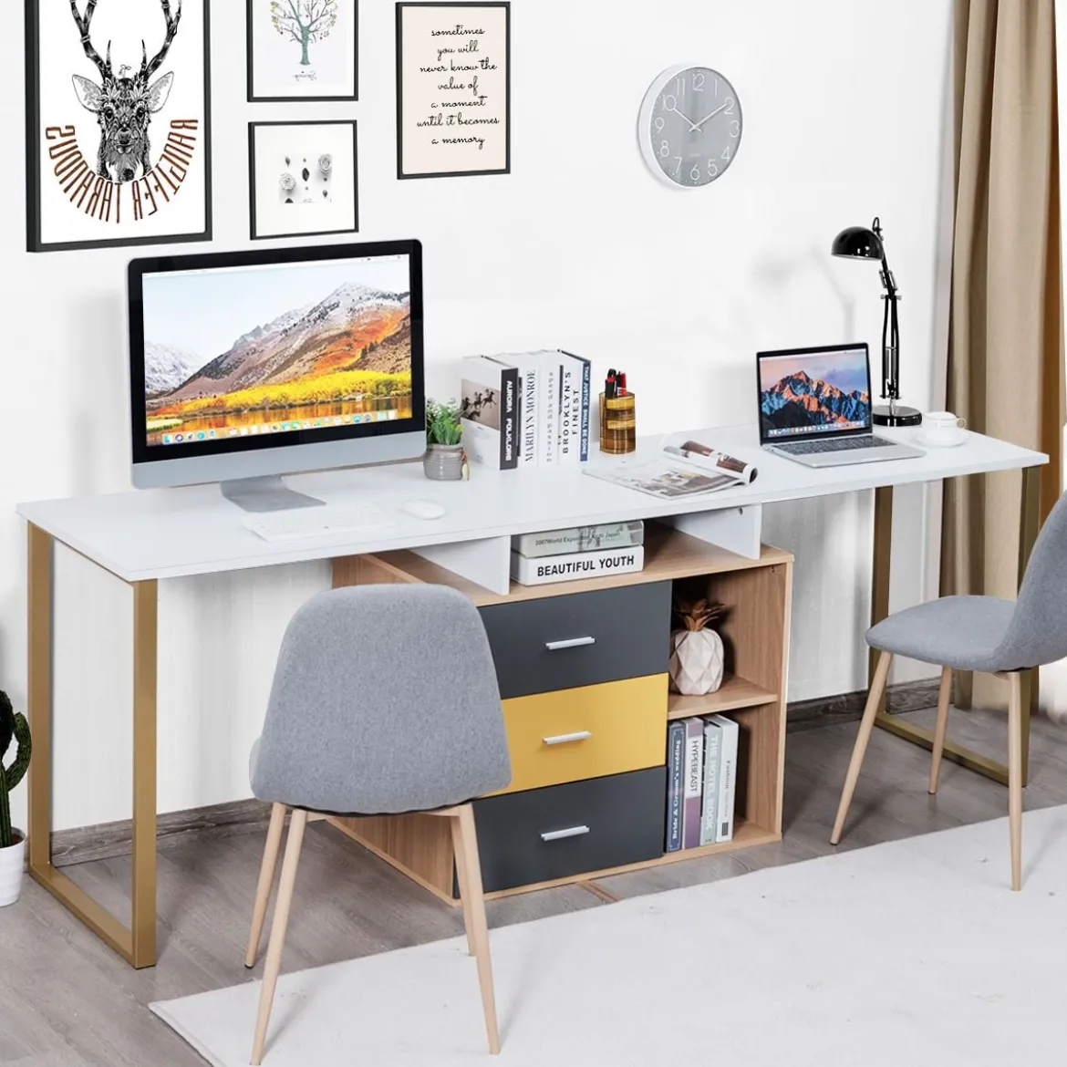 220 cm 2 Personen Schreibtisch Arbeitstisch Bürotisch Computertisch Eckschreibtisch