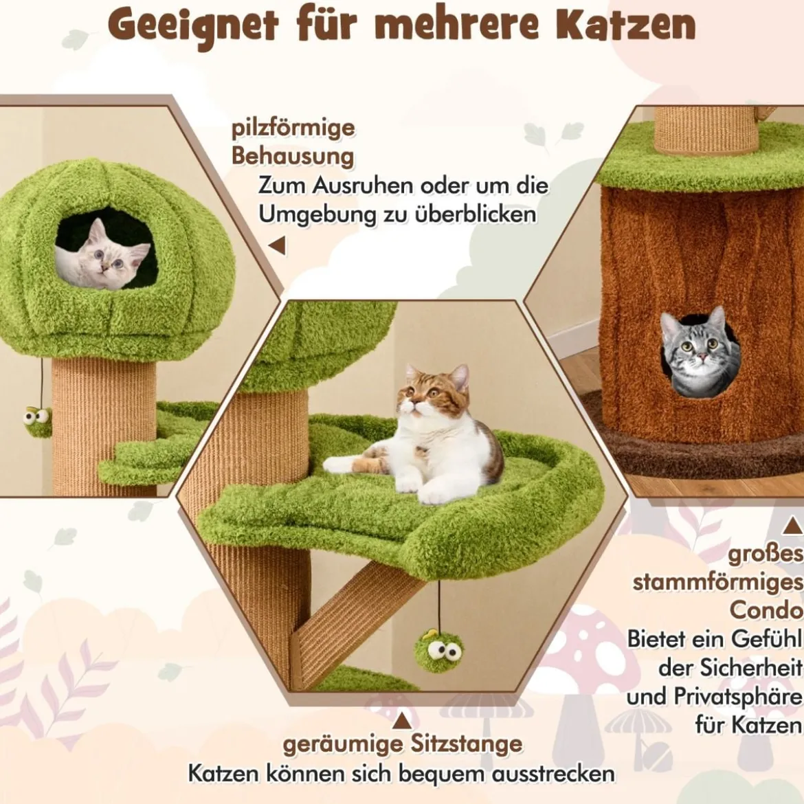 148 cm Pilz-Katzenbaum mit 2 Niedlichen Höhlen & Plüsch-Liegeplatz Katzenturm Kletterturm