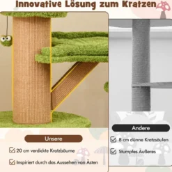148 cm Pilz-Katzenbaum mit 2 Niedlichen Höhlen & Plüsch-Liegeplatz Katzenturm Kletterturm