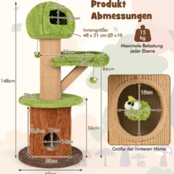 148 cm Pilz-Katzenbaum mit 2 Niedlichen Höhlen & Plüsch-Liegeplatz Katzenturm Kletterturm