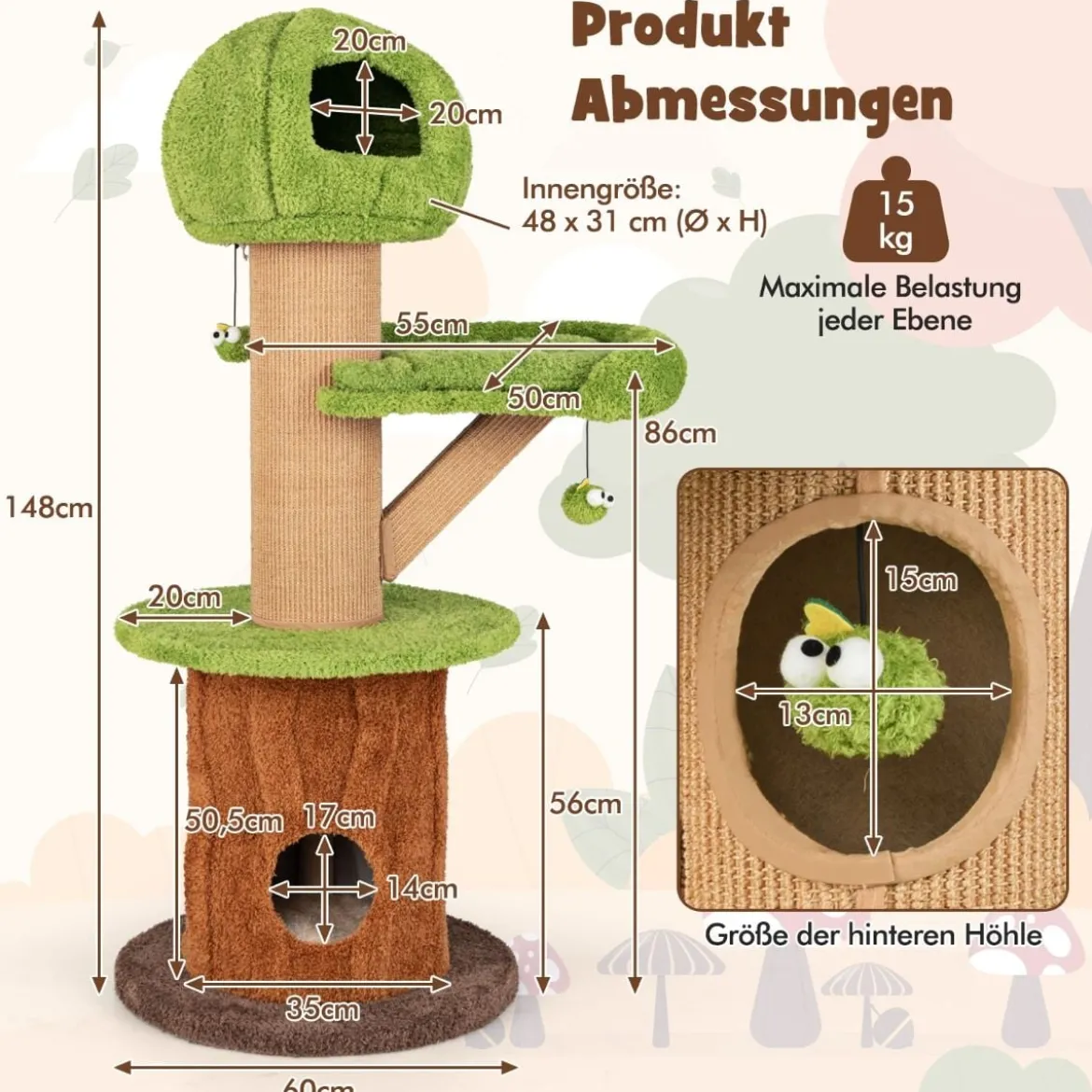 148 cm Pilz-Katzenbaum mit 2 Niedlichen Höhlen & Plüsch-Liegeplatz Katzenturm Kletterturm