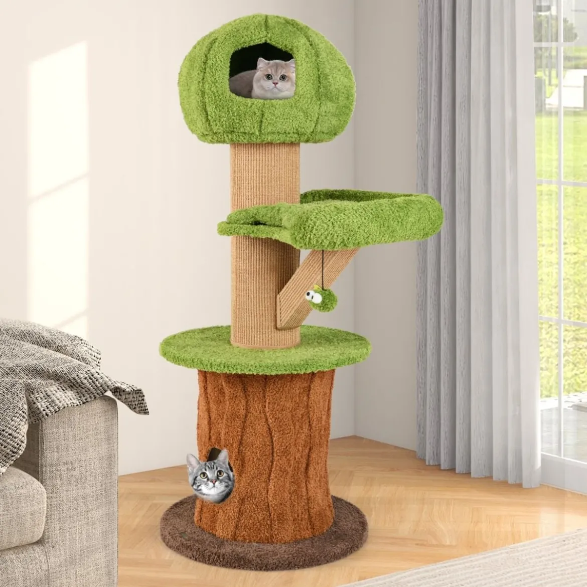 148 cm Pilz-Katzenbaum mit 2 Niedlichen Höhlen & Plüsch-Liegeplatz Katzenturm Kletterturm