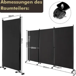 180 cm Raumteiler auf Rädern Klappbarer Paravent mit 3 frei kombinierbaren Paneelen Schwarz