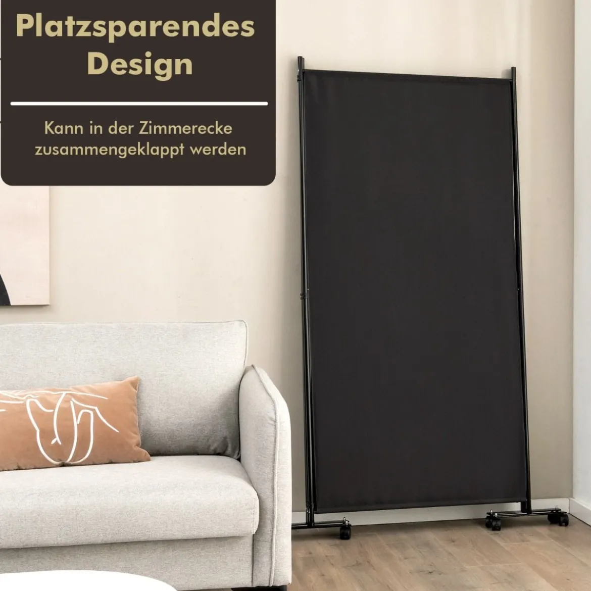 180 cm Raumteiler auf Rädern Klappbarer Paravent mit 3 frei kombinierbaren Paneelen Schwarz