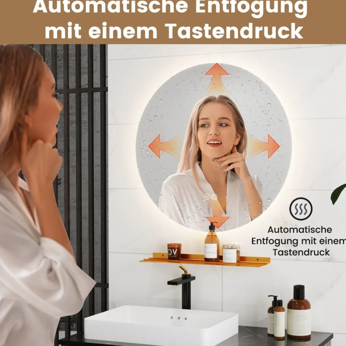 Ø60cm Runder Badspiegel mit Beleuchtung & Touch Schalter & Memory Funktion Wandspiegel