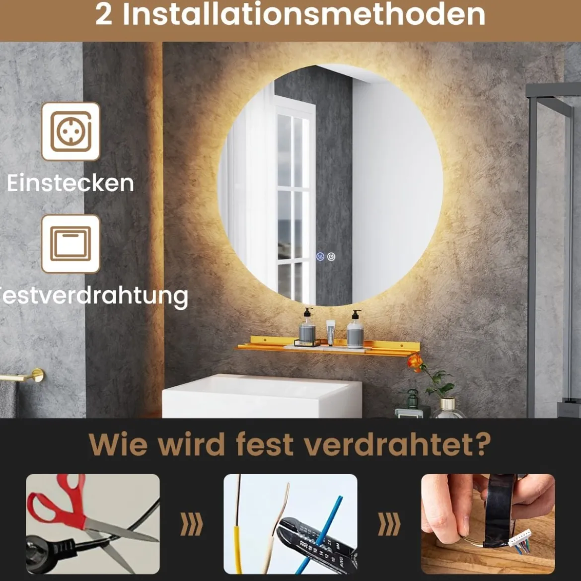 Ø60cm Runder Badspiegel mit Beleuchtung & Touch Schalter & Memory Funktion Wandspiegel