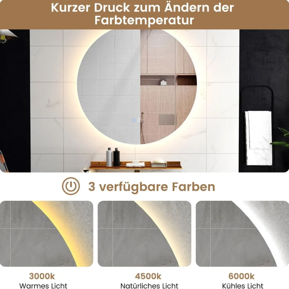 Ø60cm Runder Badspiegel mit Beleuchtung & Touch Schalter & Memory Funktion Wandspiegel