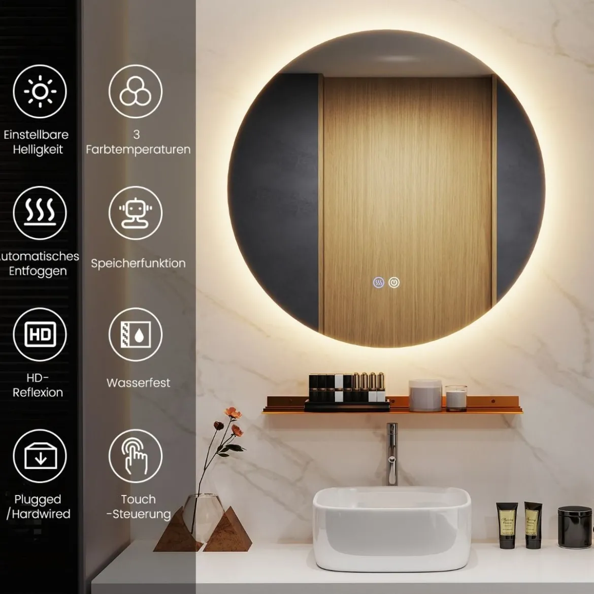 Ø60cm Runder Badspiegel mit Beleuchtung & Touch Schalter & Memory Funktion Wandspiegel