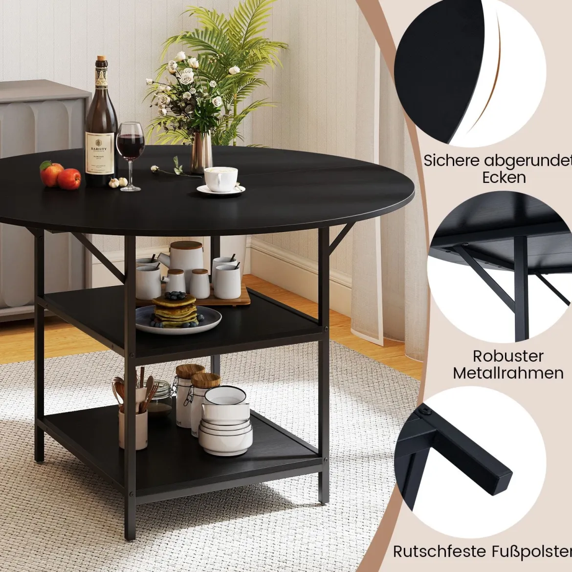 120 cm Runder Esstisch für 4-6 Personen mit 2-lagigem Ablagefach & Metallgestell Küchentisch Schwarz