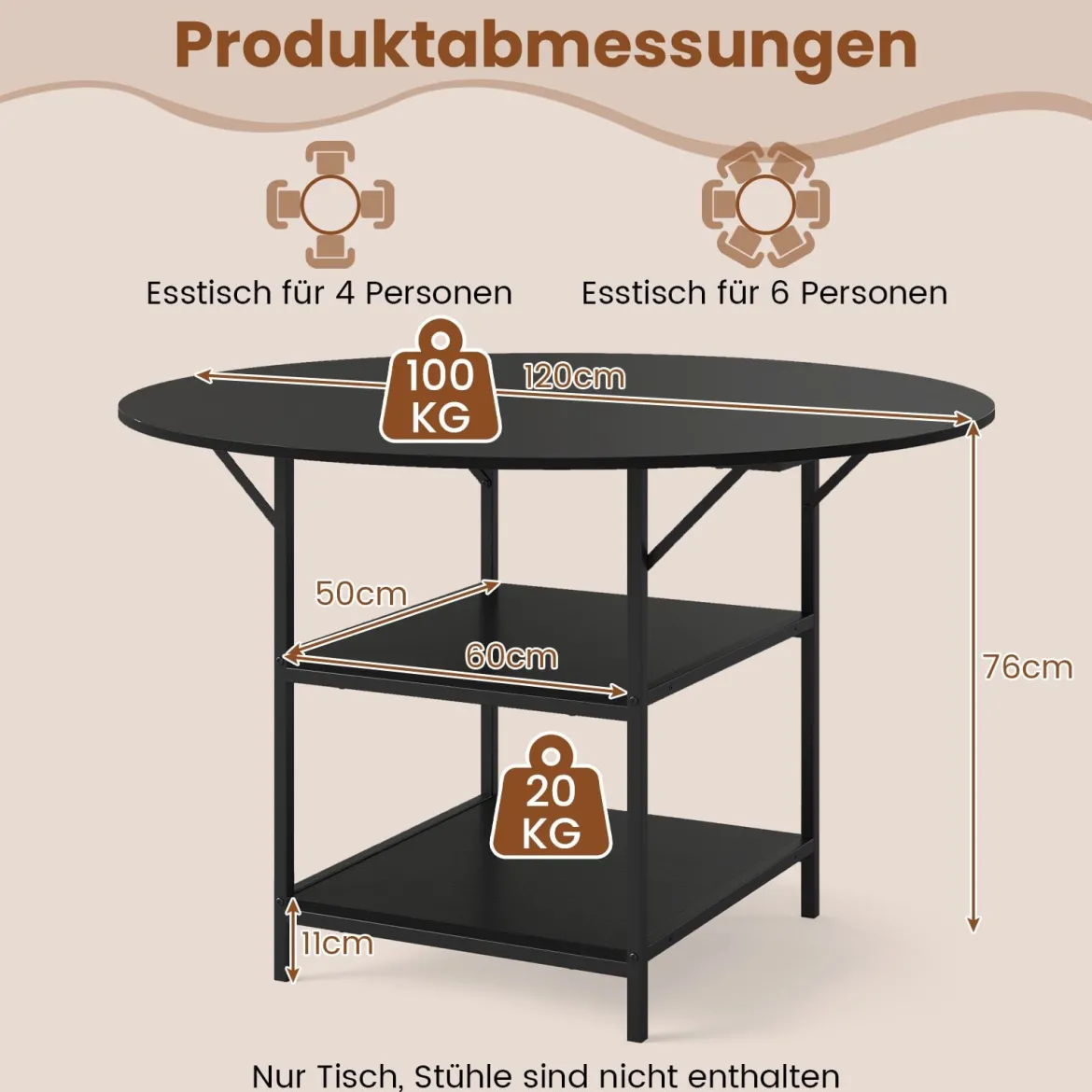 120 cm Runder Esstisch für 4-6 Personen mit 2-lagigem Ablagefach & Metallgestell Küchentisch Schwarz