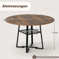 Ø120 cm Runder Küchentisch für 4 Personen Esstisch mit Offener Ablage Esszimmertisch Braun