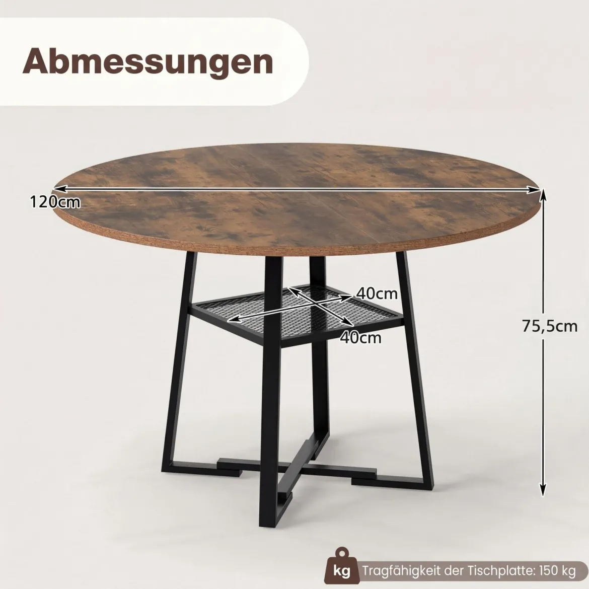 Ø120 cm Runder Küchentisch für 4 Personen Esstisch mit Offener Ablage Esszimmertisch Braun