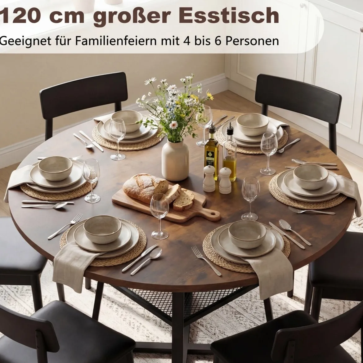 Ø120 cm Runder Küchentisch für 4 Personen Esstisch mit Offener Ablage Esszimmertisch Braun