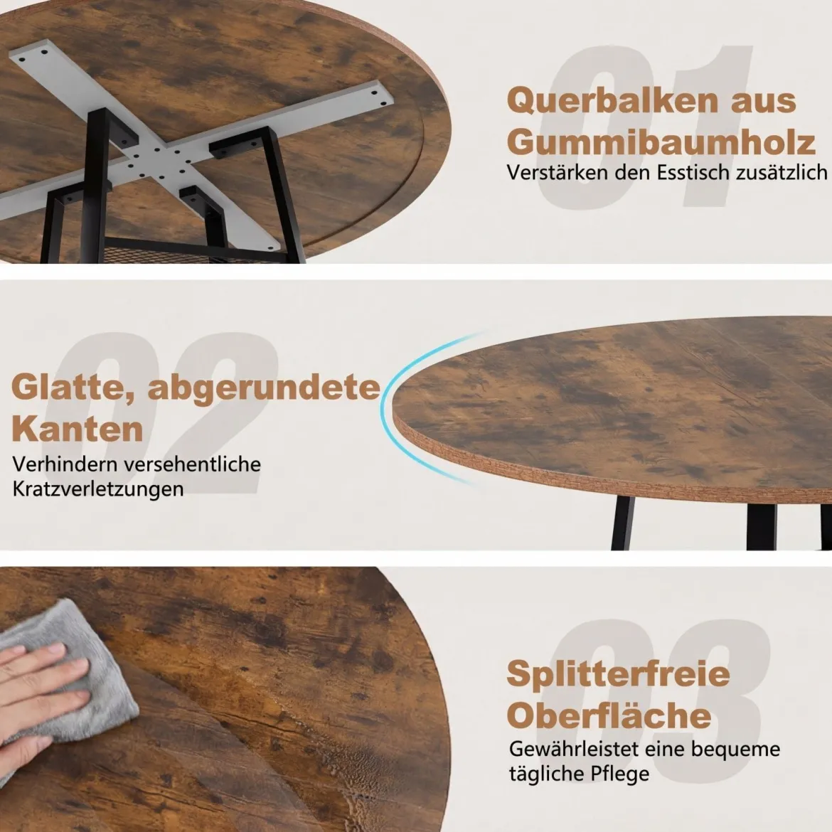 Ø120 cm Runder Küchentisch für 4 Personen Esstisch mit Offener Ablage Esszimmertisch Braun