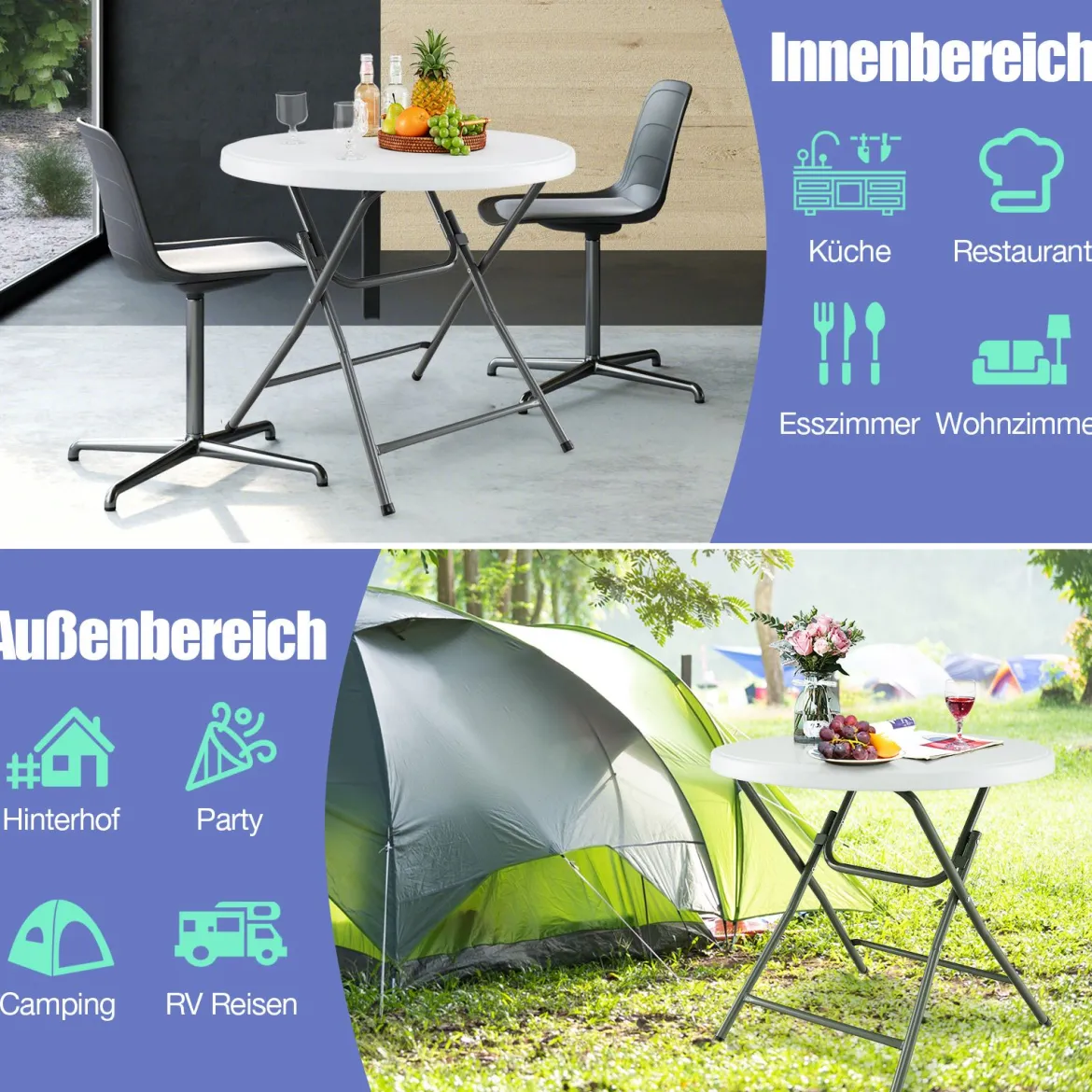 81cm runder Klapptisch Kunststofftisch mit verstärkter HDPE Tischplatte robuste Metallbeine & rutschfeste Fußpolster Weiß