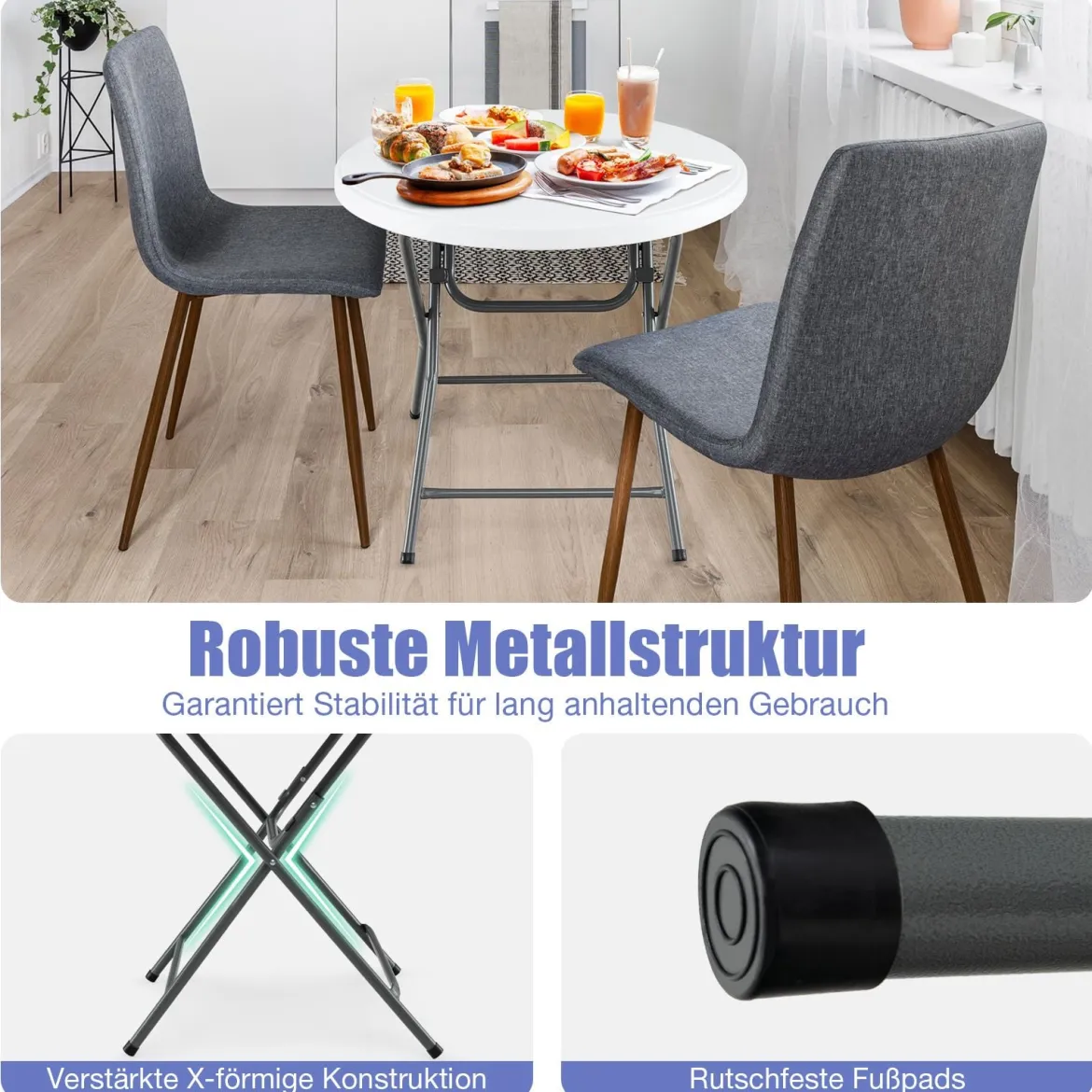 81cm runder Klapptisch Kunststofftisch mit verstärkter HDPE Tischplatte robuste Metallbeine & rutschfeste Fußpolster Weiß