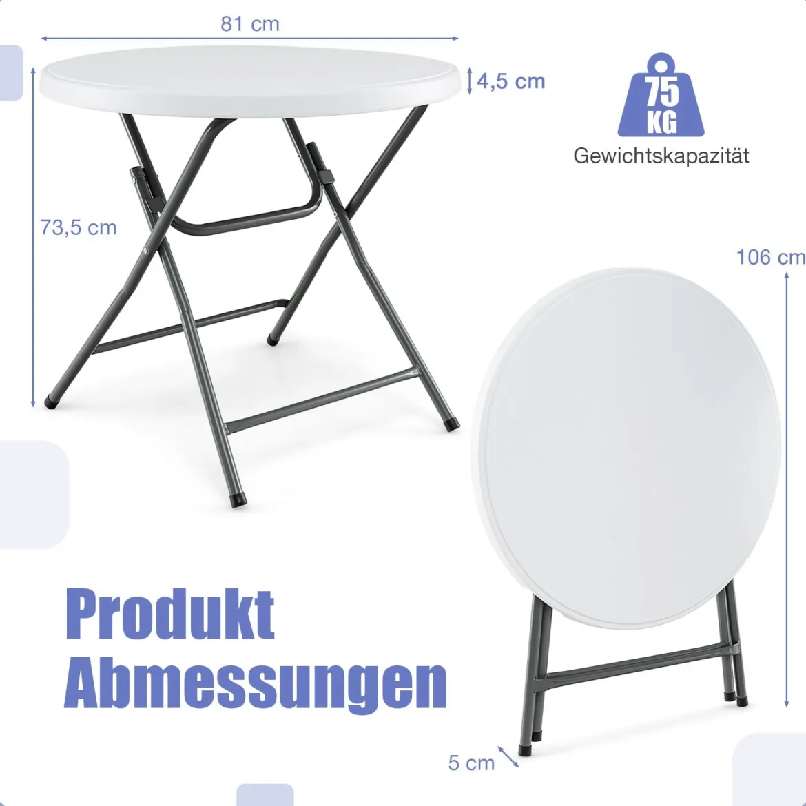 81cm runder Klapptisch Kunststofftisch mit verstärkter HDPE Tischplatte robuste Metallbeine & rutschfeste Fußpolster Weiß