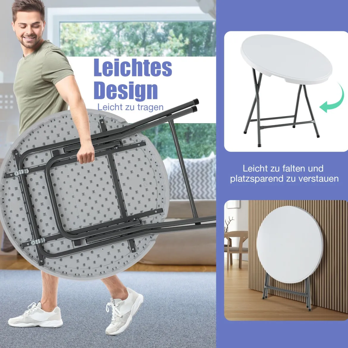 81cm runder Klapptisch Kunststofftisch mit verstärkter HDPE Tischplatte robuste Metallbeine & rutschfeste Fußpolster Weiß