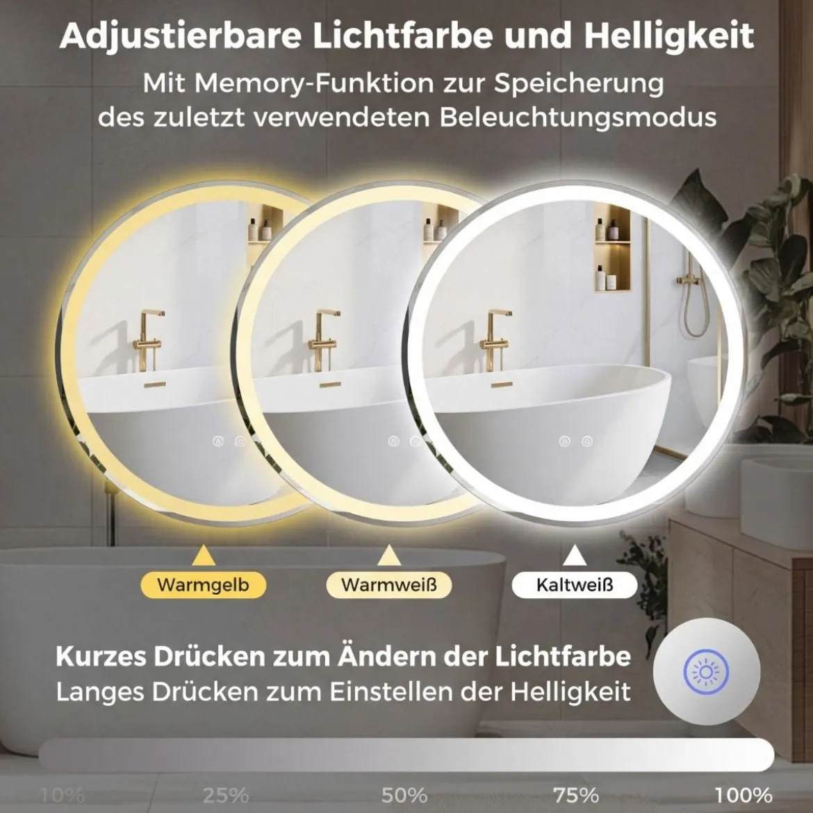 70 cm runder LED-beleuchteter Spiegel Badezimmerspiegel mit einstellbarer Helligkeit