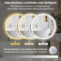 60 cm runder LED-beleuchteter Spiegel Badezimmerspiegel mit einstellbarer Helligkeit Silber