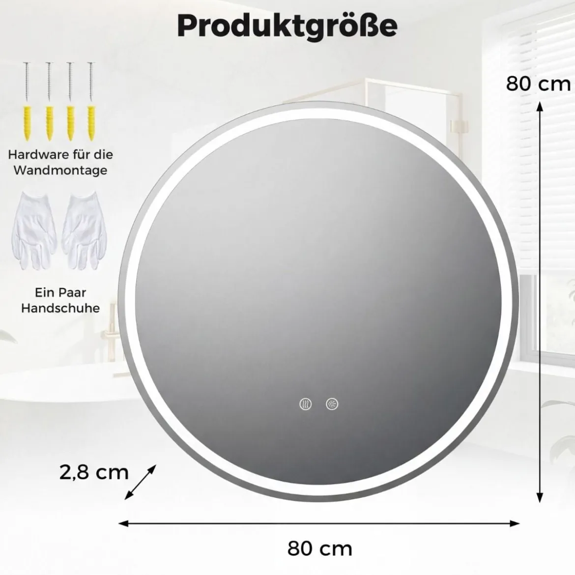 Ø80 cm Runder LED-beleuchteter Spiegel mit Einstellbarer Helligkeit & Touch-Schalter