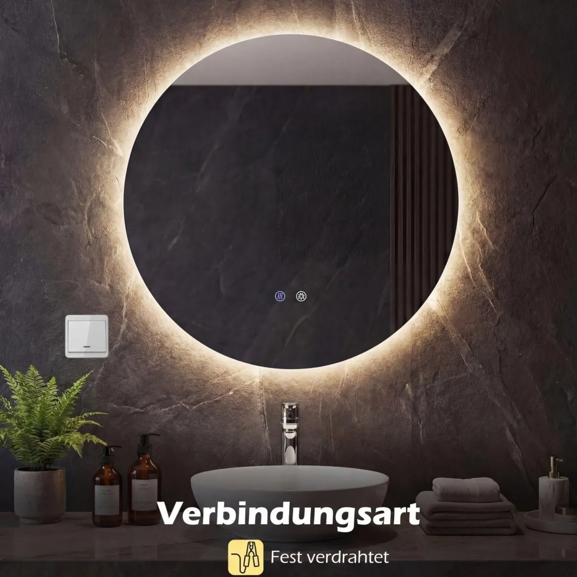 Ø70 cm Runder Spiegel mit Beleuchtung & Speicherfunktion Badspiegel mit Beschlagfrei-Design