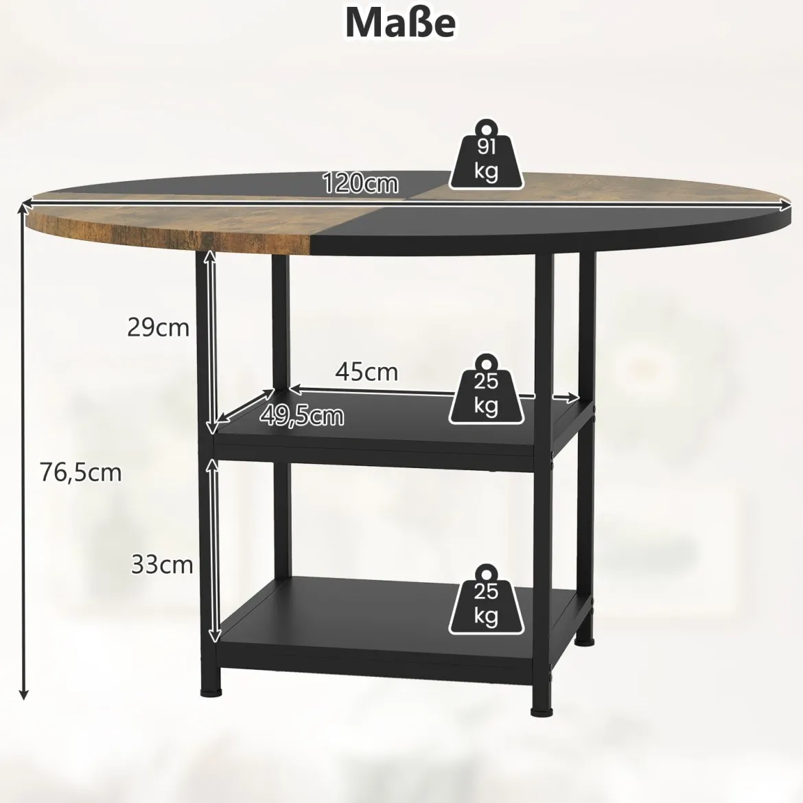 φ 120cm Rund Esstisch für 4-6 Personen Zweifarbiger Esszimmertisch mit Metallrahmen Küchentisch