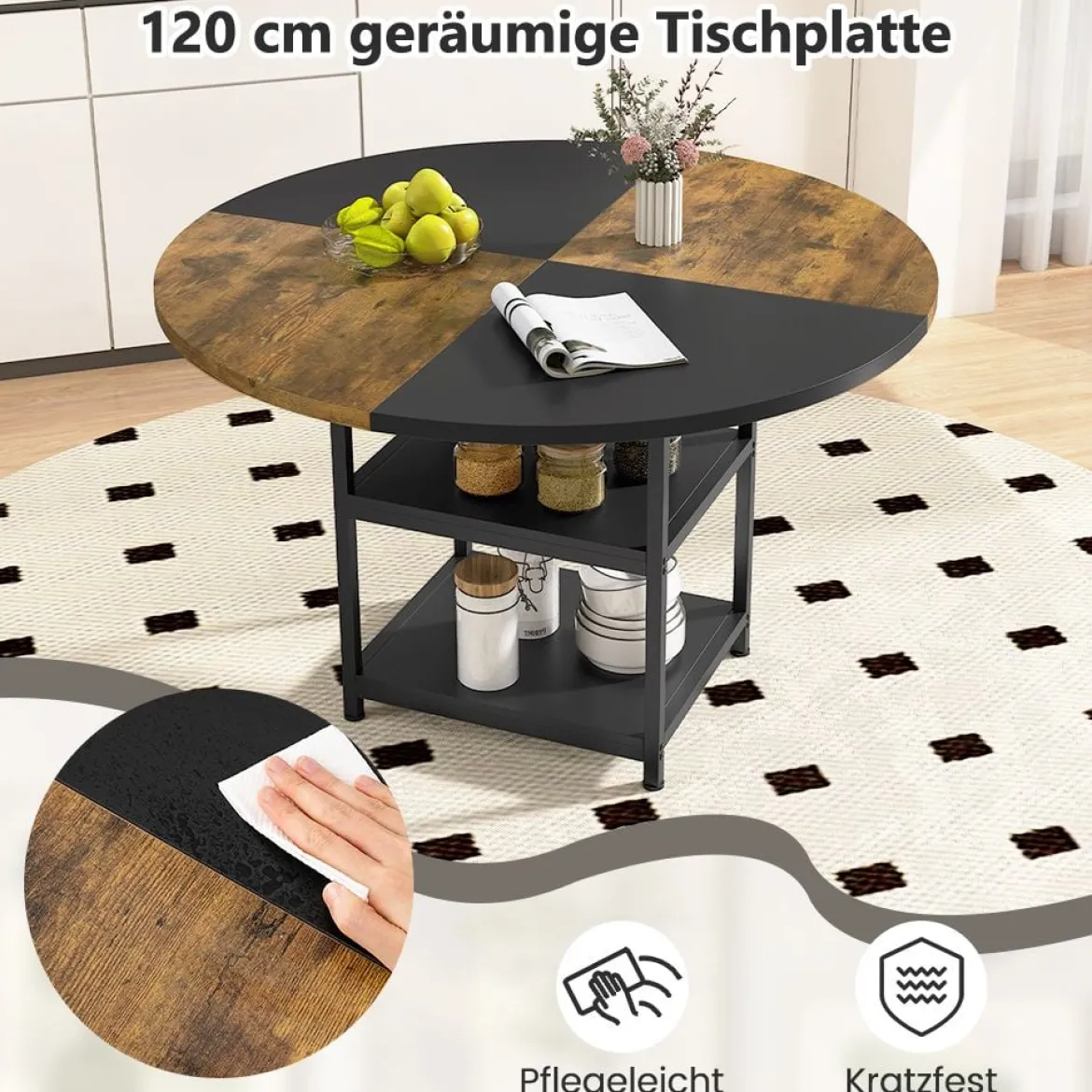 φ 120cm Rund Esstisch für 4-6 Personen Zweifarbiger Esszimmertisch mit Metallrahmen Küchentisch
