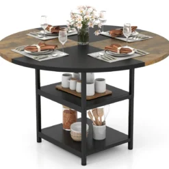 φ 120cm Rund Esstisch für 4-6 Personen Zweifarbiger Esszimmertisch mit Metallrahmen Küchentisch