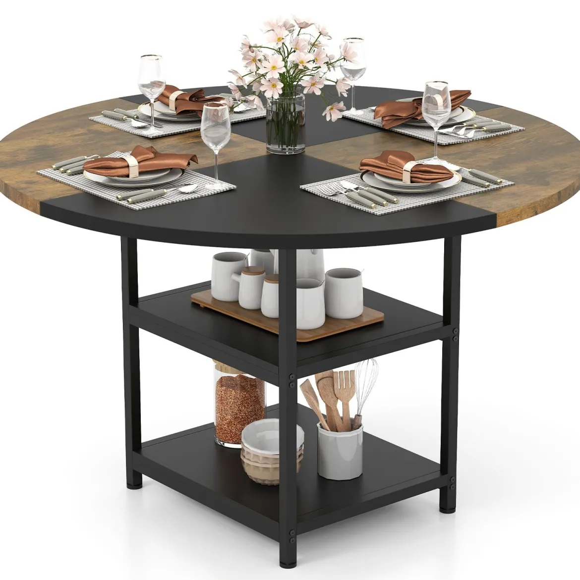 φ 120cm Rund Esstisch für 4-6 Personen Zweifarbiger Esszimmertisch mit Metallrahmen Küchentisch