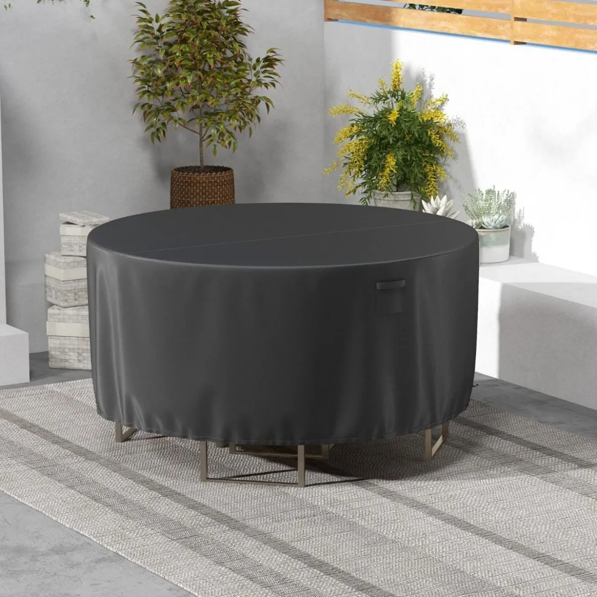 Ø 183 cm Runde Terrassenmöbel-Abdeckung mit Lüftungsschlitzen & Schnallen & Kordeln Schwarz