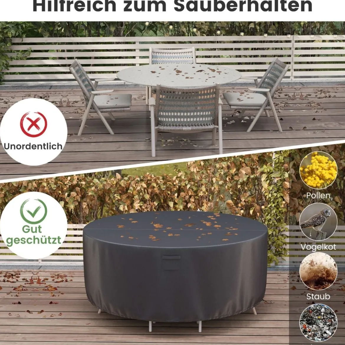 Ø 183 cm Runde Terrassenmöbel-Abdeckung mit Lüftungsschlitzen & Schnallen & Kordeln Schwarz