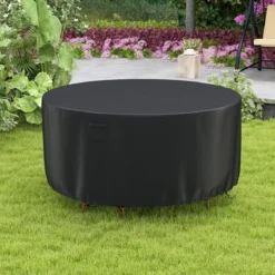 Ø 183 cm Runde Terrassenmöbel-Abdeckung mit Lüftungsschlitzen & Schnallen & Kordeln Schwarz