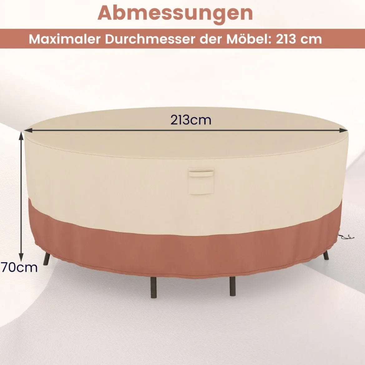 Ø 213 cm Runde Terrassenmöbel-Abdeckung mit Lüftungsschlitzen & Schnallen & Kordeln Beige