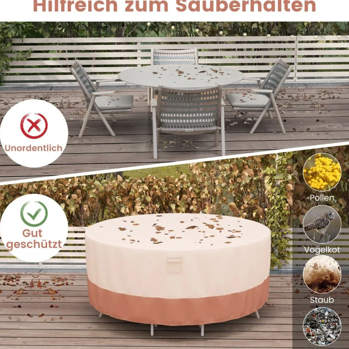 Ø 213 cm Runde Terrassenmöbel-Abdeckung mit Lüftungsschlitzen & Schnallen & Kordeln Beige