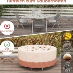 Ø 158 cm Runde Terrassenmöbel-Abdeckung mit Lüftungsschlitzen & Schnallen & Kordeln Beige