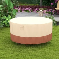 Ø 158 cm Runde Terrassenmöbel-Abdeckung mit Lüftungsschlitzen & Schnallen & Kordeln Beige